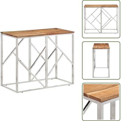 The Living Store Table console argenté acier inoxydable et bois massif d'acacia - Table Basse - Table D'appoint - Table Console - Meubles Salon - Décoration Intérieur (1/5)