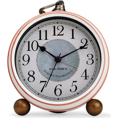 Grande Reveil Vintage sans Tic-tac, Métal Beige Reveil Classique Rétro, Elégant Déco Silencieuse Horloge de Table Chevet Chambre Bureau 13.5cm (1/5)