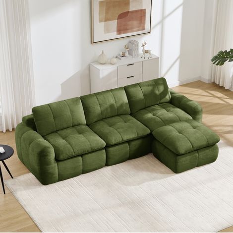 Divano modulare a 3 posti 264x160 cm, componibile senza montaggio, con pouf, in ciniglia verde per soggiorno (1/5)