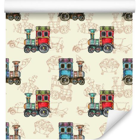 Carta da parati con giocattoli, locomotive a vapore, stile vintage, 50x1000 cm (1/5)