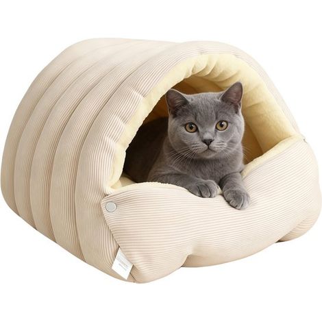 Cesta para gatos, Cueva para cachorros, Jaula con forma de nido, Cesta cerrada, Sala de estar, Invierno, Cachorros, 45 x 30 x 19 cm, Beige claro (1/5)