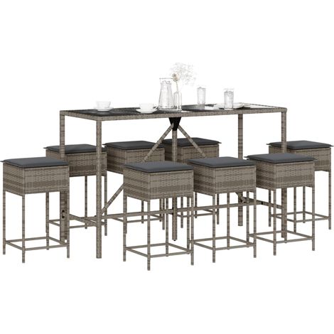 9-tlg. Gartenbar-Set mit Kissen Grau Poly Rattan