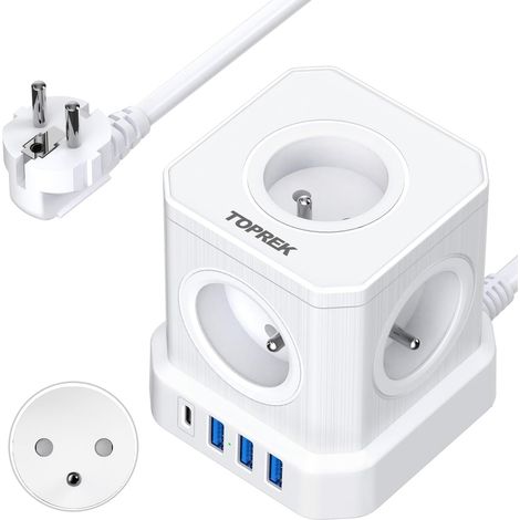 9 en 1 Cube Multiprise avec Interrupteur, 5 Prises AC Française  2M Câble, USB C(20W PD3.0 Recharge Rapide) et 3 USB A, Cube Rallonge Multiprise, Parafoudre et Surtension, 4000W/16A, Blanc (1/5)