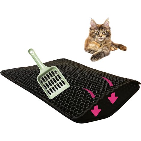 1 - Tapis Litière Chat - Pelle Inclus - Double Couche Nid D Abeille Antiderapant - Retient Grains Sol Imperméable Lavable - Pour Maison Avec Animaux - Gris - 60x40 cm