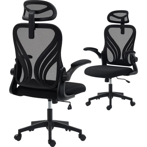 Ergonomischer Bürostuhl mit hochklappbaren Armlehnen, Lordosenstütze und verstellbarer Kopfstütze, schwarz (1/5)