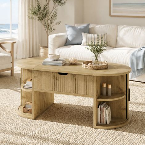 Tavolino da caffè rialzabile 100x50x40,5 cm rovere con contenitore e ante scorrevoli MDF MEUBLIV