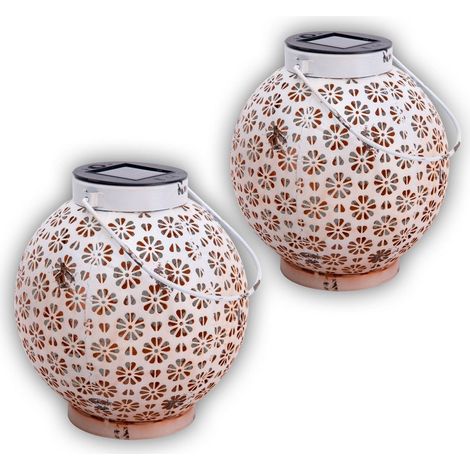 Lot de 2 Lampes Solaires Décoratives LED en Métal Blanc Motif Fleuri pour Extérieur Ø 18 cm - PANGIVO (1/5)