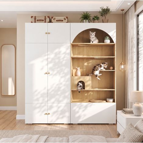 Armoire dressing 2-en-1 avec meuble pour chat, 180 x 50 x 200 cm, 1 tringle, 7 compartiments et mur d’escalade avec niches, blanc et bois clair, moderne pour chambre – CHICFURN (1/5)