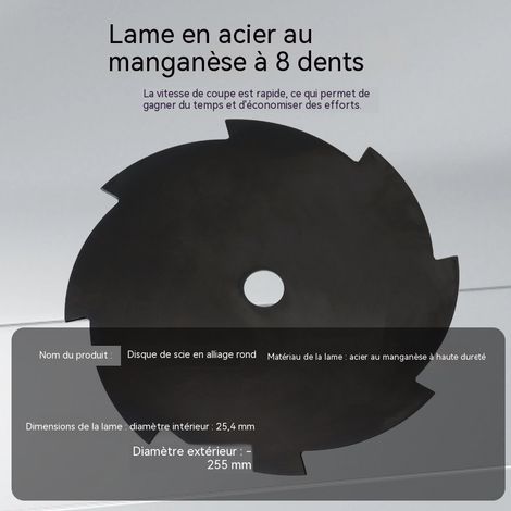 Lame de débroussailleuse circulaire à 8 dents en acier au manganèse, diamètre 255mm alésage 25.4mm, lame à huit dents, traitement noir, coupe rapide et efficace