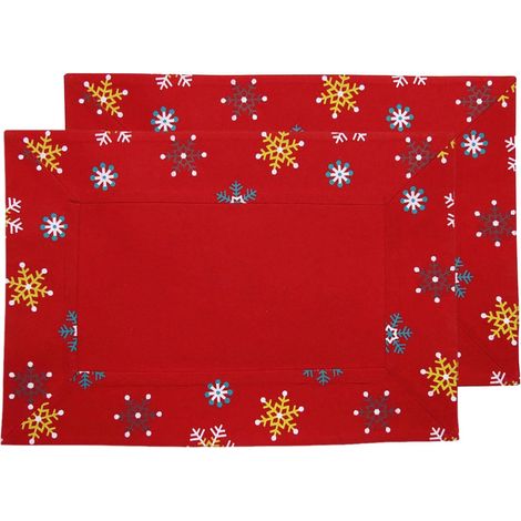 HOMESCAPES Cotton Christmas Red Snowflake Pack of 2 Placemats