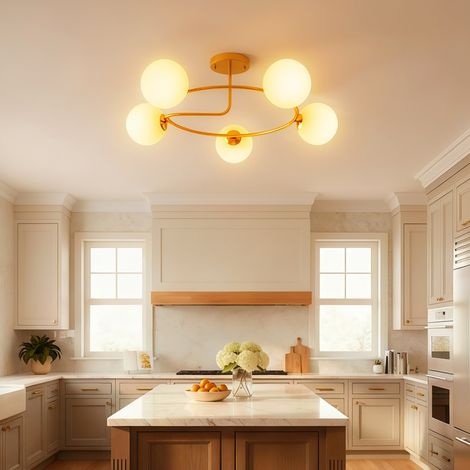 Plafonnier lustre moderne, luminaire plafonnier à 5 lumières avec culot G9, montage semi-affleurant, doré et blanc (1/5)