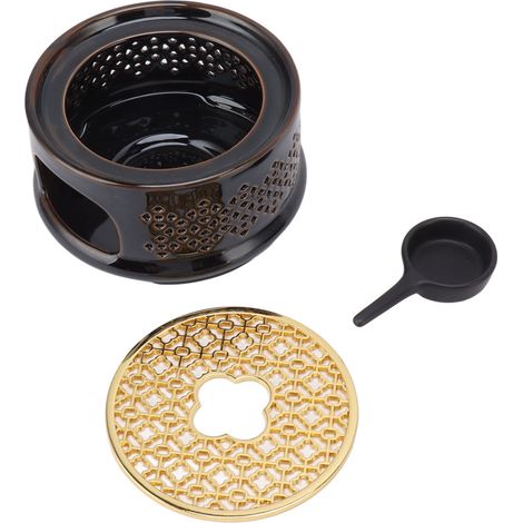 Teapot Warmer Tea Coffee Warmer Base Ceramic Heater with Spoon Lid and Candle Holder Brown