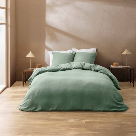 Parure de Lit 100% Coton – Housse de Couette et Taie d’Oreiller – Fermeture Pressions Discrètes – CLARA – Certifiée Oeko-TEX - 240x220cm - Vert (1/3)