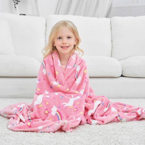 Couvertur en Polaire Licorne Rose Flanelle pour Fille, Couverture Canapé école, Cadeau Anniversaire, 130x150 cm (1/5)