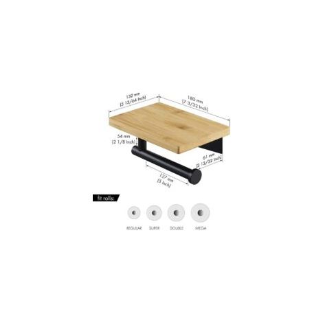 Portarrollos de papel higiénico con estante de bambú, soporte para rollo de baño en acero inoxidable SUS304, montaje en pared negro mate - Crezuo