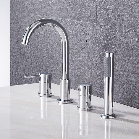 Robinet Baignoire Thermostatique 4 Trous Robinet de Bain Multifonction Mitigeur Robinet Douche Robinetterie de Baignoire avec Pommeau de Douchette Extractible,Chrome (1/5)