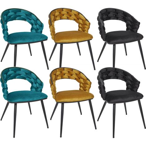 OSCAR - Lot de 6 Chaises en Velours 2 Bleues 2 Jaunes 2 Noires Pieds Métal Noir (1/5)