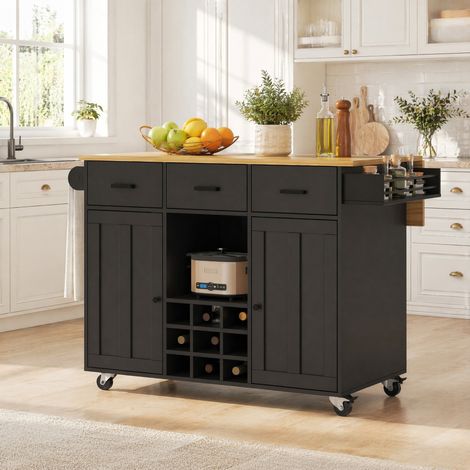 DESMIU Desserte de Cuisine avec 3 Tiroirs, 2 Portes, Étagères Ouvertes, Porte-Épices et Porte-Serviettes 104 × 39.5 × 91.5 cm (1/5)