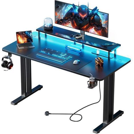 EcoFurnix LED Gaming Desk 160 x 60 cm, Gamer Desk with Power Outlet and Monitor Stand, Black (1/5)