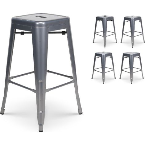 Lot de 4 tabourets de bar en métal gris argenté brillant style industriel - Hauteur 66 cm (1/5)