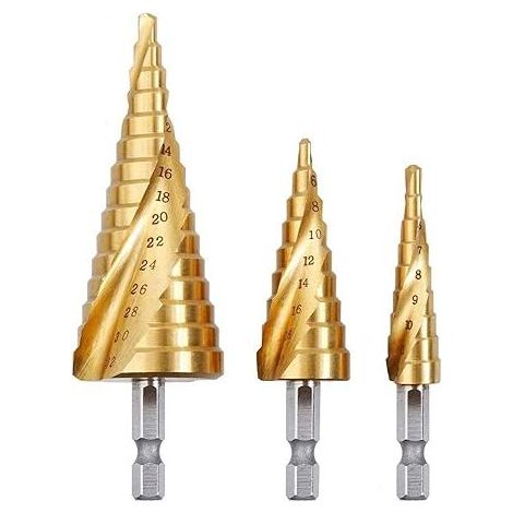 3PCS Foret Fraise Meche Etage, HSS Inox Metal, 4-12/20/32mm, Triangle Conique Titane, avec Tige Hexagone, Pour Visseuse Percage sur Acier, Laiton, Bois, Plastique (1/5)