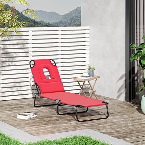 Bain de Soleil Pliable transat inclinable 4 Positions Chaise Longue 3 Coussins fournis Rouge - Haute qualité