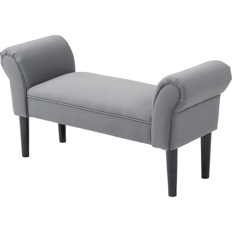 Banc en toile capitonnée au pied du lit, avec pieds en bois, accoudoirs et assise rembourrée, gris foncé (1/5)