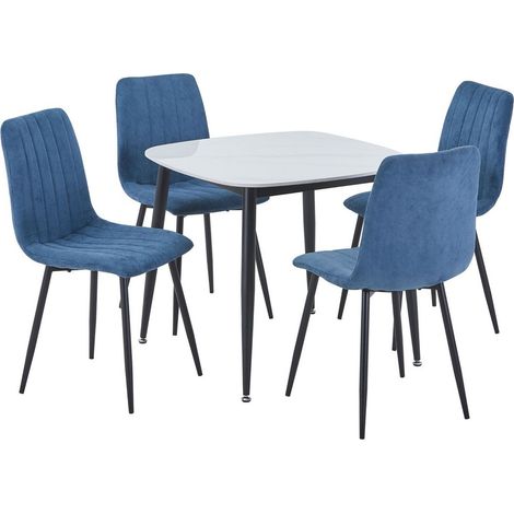 Aspen Gloss White Sintered Stone Square Table & 4 Blue Cord Fabric Chair Set - Metal - L54 x W44 x H88 cm
