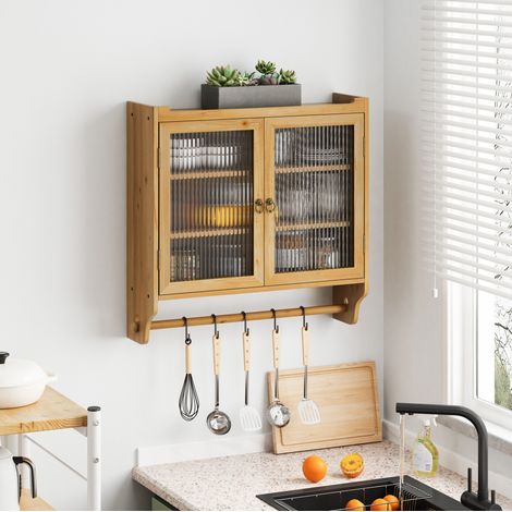Armario mural MEUBLIV 63 x 18 x 60 cm coloris natural – 2 puertas de cristal y barra para toallas (1/5)