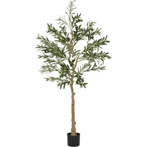 5ft/ 150cm Decorative Artificial Plant, Silk Olive Tree with 720 Leaves and 32 Olive Fruits in Pot, Fake Plant for Home, Office, Living Room, Indoor Decor (1/5)