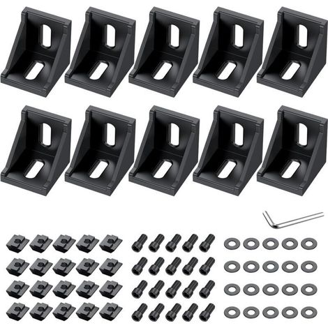 10 PCS d'angle en alliage d'aluminium noir, équerres d'angle à 90 degrés pour profilés 4040 4080, avec écrous en T, vis, rondelles et clé, pour le montage de structures industrielles (1/5)