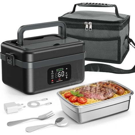 Gamelle chauffante,1L Lunch Box Chauffante avec Vaisselle en Acier Inoxydable, électrique à Chauffage Rapide avec écran Tactile Sac Isotherme pour Voiture Bureau(Noir et gris) (1/5)