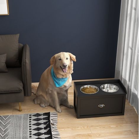Station d'alimentation surélevée pour chien, 2 gamelles 2 L en inox, avec tiroir, noir, OKWISH (1/5)