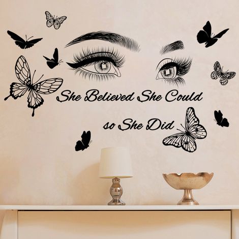 Sticker Mur - Yeux Grands - Citation Inspirante She Believes She Can So She Does - Papillon Creux Grand Et Petit - Pour Chambre Fille Salon - 1 Pièce (1/5)