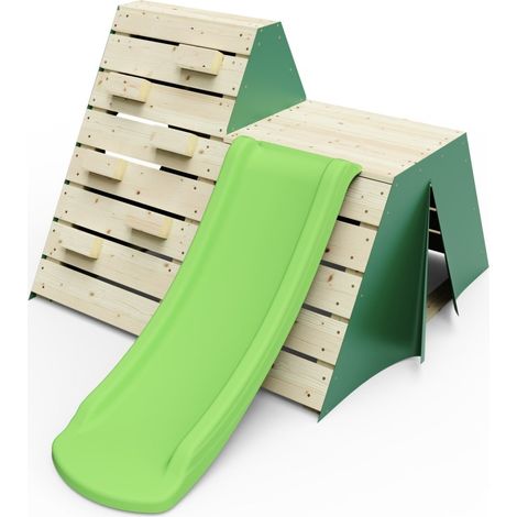 Wooden Climbing Pyramid with Climbing Wall, Secret Den and Slide - Green