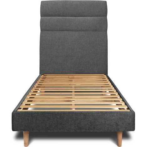 Lit 90x200cm avec tête de lit lignes tissu et sommier kit gris anthracite - Hauteur totale : 29cm (1/5)
