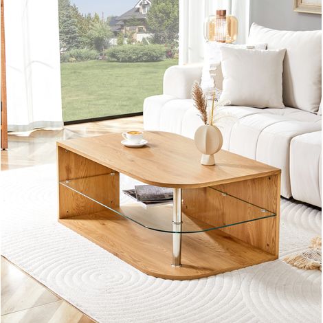 Couchtisch 100x60x42 cm natur in MDF und Glas mit doppeltem Stauraum (1/5)