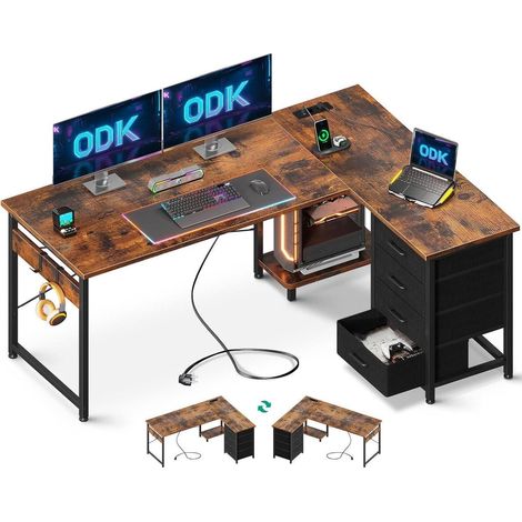 Eckschreibtisch L Form mit Schubladen und USB-Anschluss Vintage-Braun (1/5)