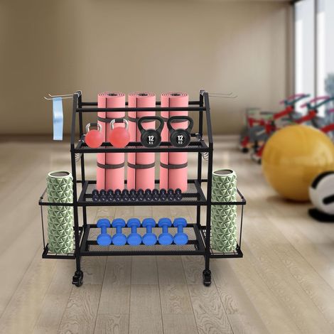 Étagère de rangement pour tapis de yoga, appareils de fitness, appareils de fitness, accessoires de gym, étagère à poids sur roulettes pour tapis de yoga, rouleau en mousse, bande de (1/5)