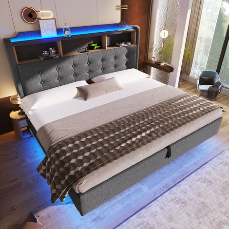 Lit coffre rembourré 180x200 cm avec rangement hydraulique, tête de lit à compartiments, LED multicolore, USB Type-C, design flottant, lin, Gris (1/5)