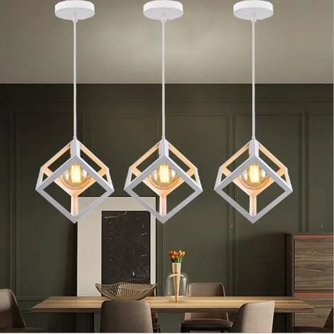Lot de 3 Lampe Suspension Luminaire Vintage en Métal Blanc E27 Lustre Plafonnier Industrielle en Carré pour Salon Chambre (1/4)