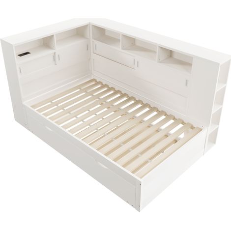 Cama infantil blanca 90 x 200 cm con cama nido, almacenaje y USB, sin colchón, MODENUIT (1/5)