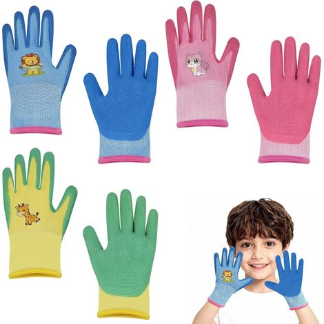 Kids Gardening Gloves, 3 Pairs Soft Rubber Safety Work Gloves for 3-5 Years Old, Latex Coated Non-Slip for Gardening and Camping (1/5)