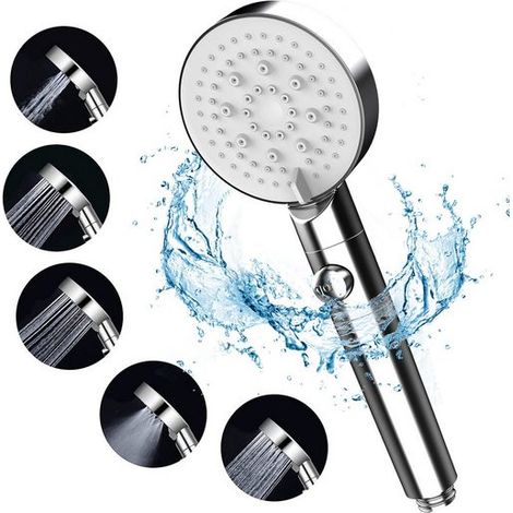 Pommeau de douche, Douchette, Bain-douche haute pression, buse de douche, pomme de douche booster à cinq vitesses avec grand plateau, Argent, KINSI (1/5)