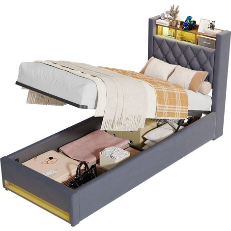 Bett 90x190 cm Gepolstert Multifunktional mit USB und LED, Breite Lattenroststruktur, Stauraum unter dem Bett, Grauer Samt - Modernes Design