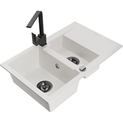 Mexen Gaspar lavello in granito 1,5 vasche con scolapiatti e rubinetto da cucina Rita, bianco - 6507-20-670300-70 (1/5)