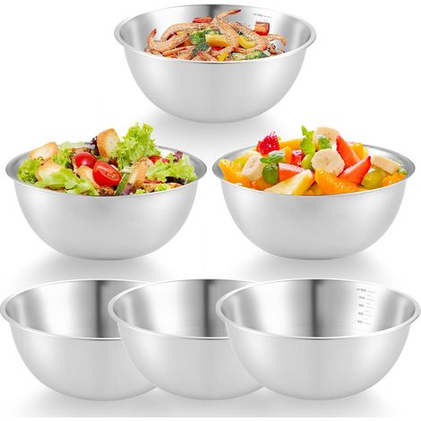 Lot de 6 saladiers en acier inoxydable 201 - Diamètre : 17 cm - Avec couvercle en acier inoxydable 201 - Argenté - Passe au lave-vaisselle - Pour saladier - Bol de service - Bol à snacks (1/5)