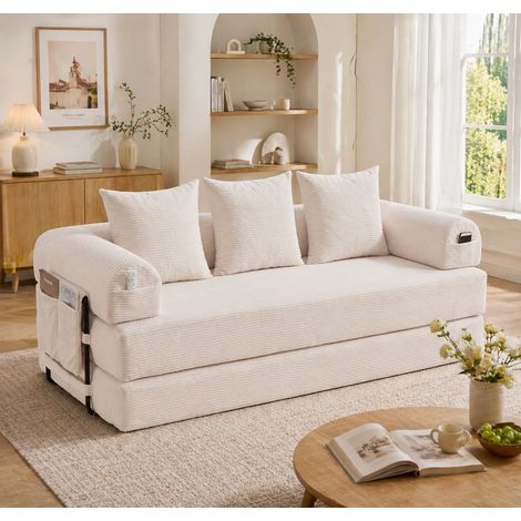 Sofá de compresión plegable con marco de metal robusto, bolsillos laterales y 3 cojines. Paisajes de lounge personalizables. Combinación moderna de metal y tela - ideal para la sala de estar. Beige (1/5)