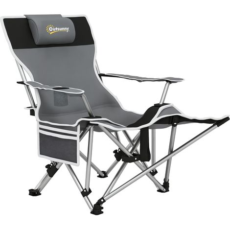 Silla plegable de camping con reposapiés desmontable, portavasos y bolsillo lateral, 82x100x88 cm, gris