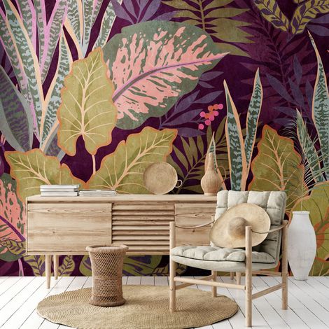 Fototapete Profhome 382751 heißgeprägte Vliestapete glatt mit Dschungel-Design matt lila grün beige rosa 3,71 m x 2,8 m